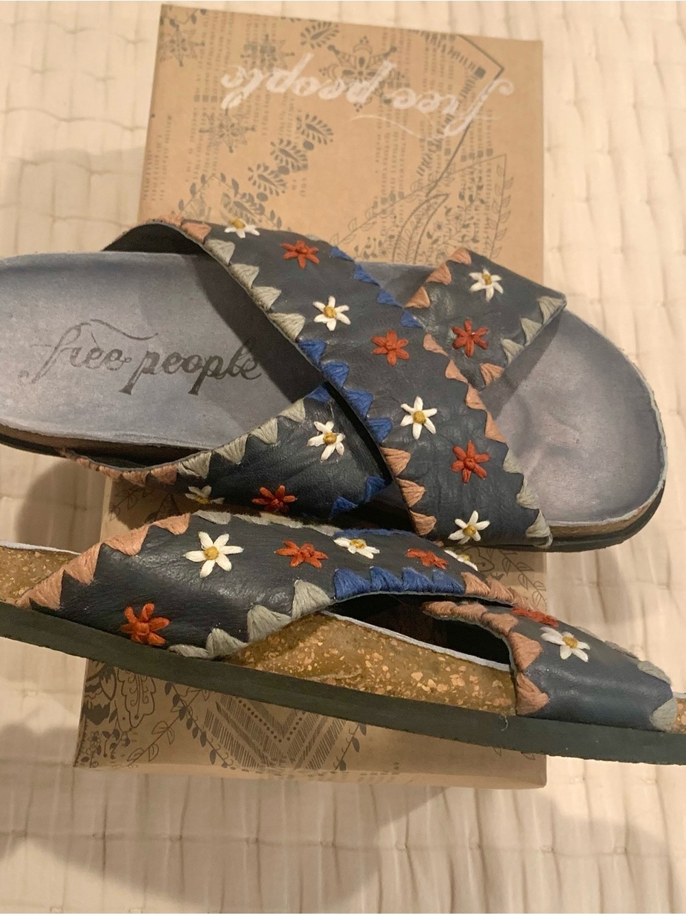 Free People Wildflowers Blue Embroidered Floral Boho Leather Sandals 38 US 8 - Picture 10 of 14